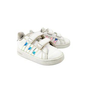 Adidas Grand Court White Tennis Shoes/Sneaker With Iridescent Stripes Size‎ 5K
